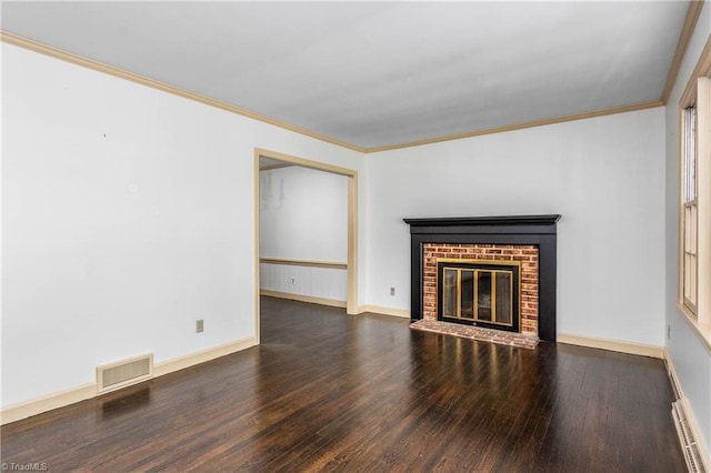1400 Waybridge Ln, Winston-Salem, NC 27103 - unfurnished living room featuring wood finished floors, a brick fireplace, a baseboard heating unit, crown molding, and baseboards