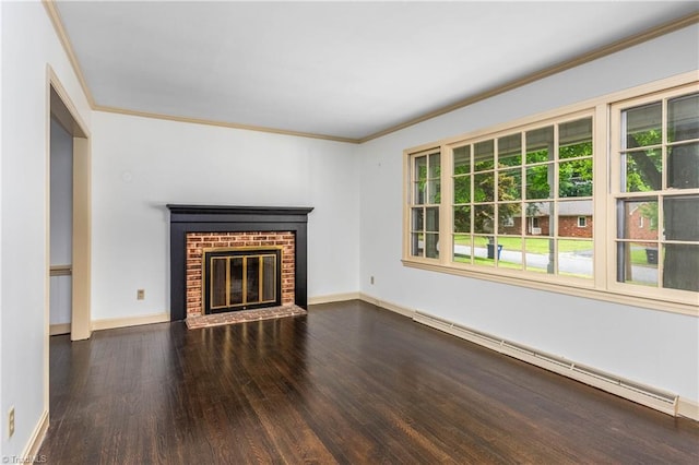 1400 Waybridge Ln, Winston-Salem, NC 27103 - unfurnished living room featuring baseboard heating, wood finished floors, ornamental molding, a fireplace, and baseboards
