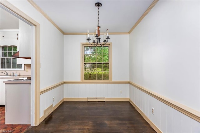 1400 Waybridge Ln, Winston-Salem, NC 27103 - spare room featuring a chandelier, wainscoting, ornamental molding, dark wood-type flooring, and a sink