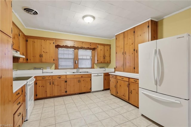 1146 Rogers Rd, Graham, NC 27253 - kitchen with white appliances, a sink, ornamental molding, light countertops, and under cabinet range hood