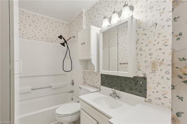1146 Rogers Rd, Graham, NC 27253 - bathroom with ornamental molding, wallpapered walls, vanity, shower / tub combination, and toilet