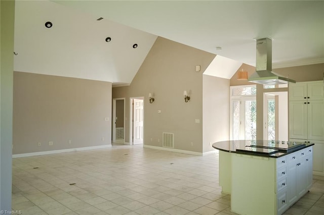 590 Turner Mountain Rd, Mount Airy, NC 27030 - kitchen with island exhaust hood, black electric cooktop, high vaulted ceiling, a kitchen island, and open floor plan