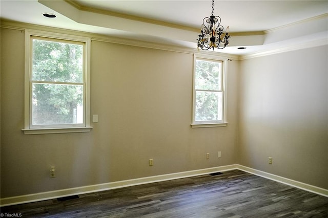 590 Turner Mountain Rd, Mount Airy, NC 27030 - spare room with ornamental molding, a chandelier, dark wood-style floors, and a raised ceiling