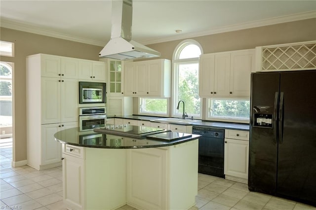 590 Turner Mountain Rd, Mount Airy, NC 27030 - kitchen with black appliances, island range hood, dark countertops, light tile patterned floors, and crown molding