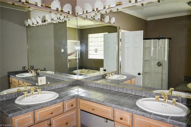 590 Turner Mountain Rd, Mount Airy, NC 27030 - bathroom featuring double vanity, a shower stall, crown molding, and a tub
