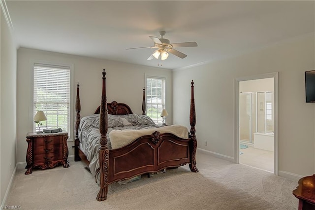 160 Serenity Pointe Dr, Kernersville, NC 27284 - bedroom with light colored carpet, ensuite bathroom, and ceiling fan