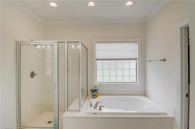 160 Serenity Pointe Dr, Kernersville, NC 27284 - full bathroom with a garden tub, a stall shower, ornamental molding, and recessed lighting