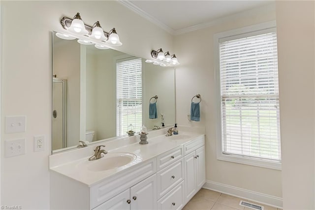 160 Serenity Pointe Dr, Kernersville, NC 27284 - bathroom featuring double vanity, crown molding, an enclosed shower, and tile patterned flooring