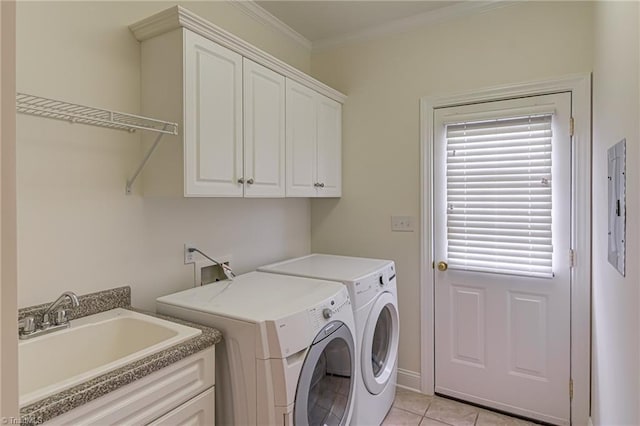 160 Serenity Pointe Dr, Kernersville, NC 27284 - washroom featuring cabinet space, independent washer and dryer, ornamental molding, light tile patterned floors, and electric panel