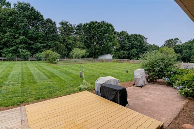 160 Serenity Pointe Dr, Kernersville, NC 27284 - wooden terrace featuring a fenced backyard, a grill, and view of wooded area
