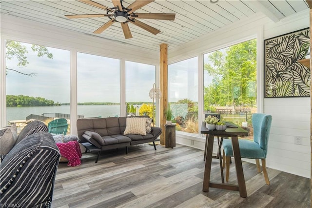 440 Sportsman Dr, Salisbury, NC 28146 - sunroom featuring a wealth of natural light, a ceiling fan, a water view, and an outdoor hangout area