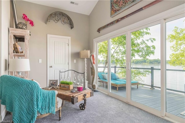 440 Sportsman Dr, Salisbury, NC 28146 - recreation room featuring visible vents, a healthy amount of sunlight, high vaulted ceiling, and carpet floors