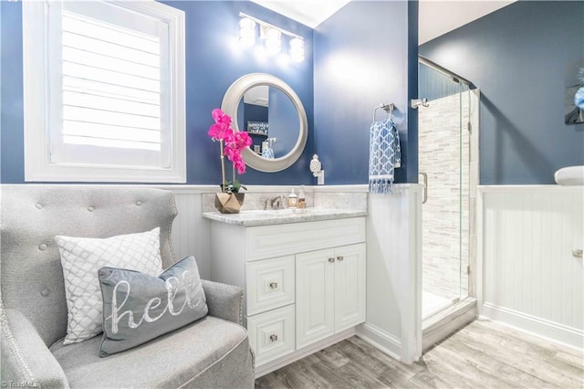 440 Sportsman Dr, Salisbury, NC 28146 - full bathroom with a shower stall, wood finished floors, a wainscoted wall, and vanity
