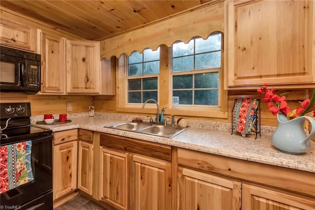 kitchen with wood ceiling, wood walls, sink, and black appliances