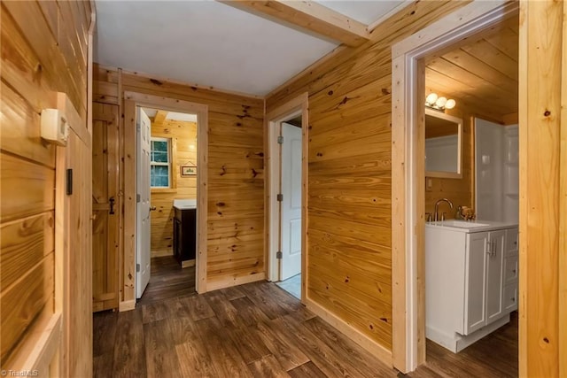 hall featuring wood walls, dark hardwood / wood-style floors, and sink