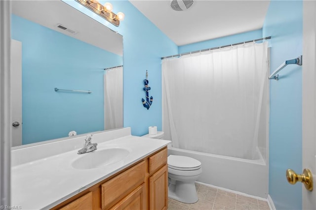 full bathroom featuring shower / bath combo, vanity, and toilet