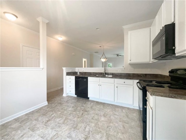 kitchen featuring kitchen peninsula, sink, white cabinetry, and black appliances