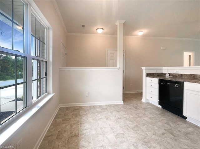 kitchen with ornamental molding, white cabinetry, and dishwasher