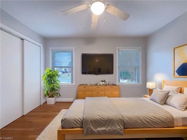 bedroom with a closet, multiple windows, ceiling fan, and wood finished floors