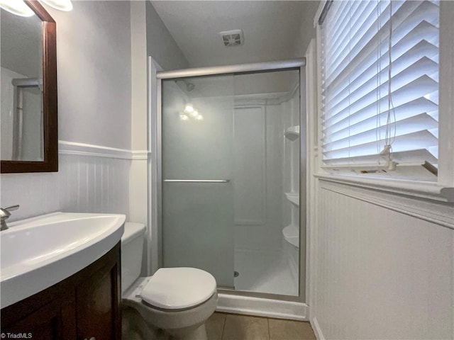 bathroom with a wainscoted wall, toilet, a stall shower, vanity, and tile patterned flooring