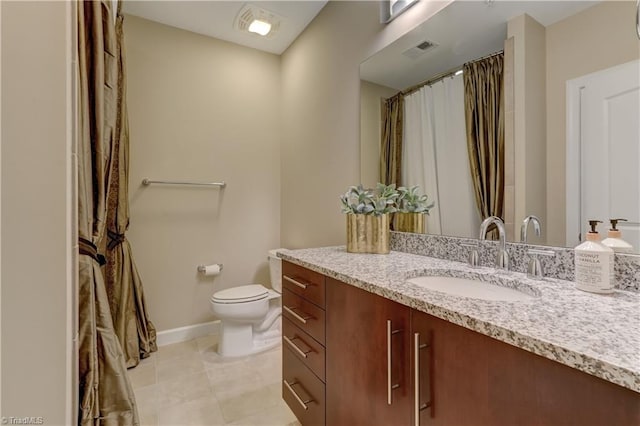 full bath featuring vanity, tile patterned flooring, visible vents, toilet, and baseboards