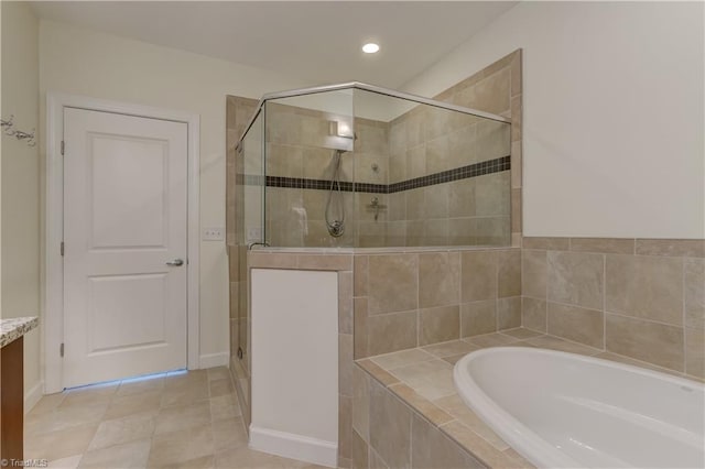 full bathroom with recessed lighting, tile patterned floors, a garden tub, and a stall shower