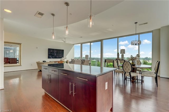 kitchen featuring a center island, dark wood-style flooring, a wealth of natural light, and visible vents