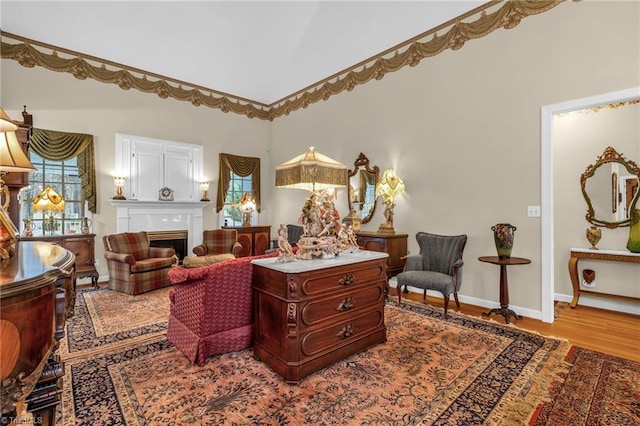 living area with wood finished floors, a fireplace, baseboards, and a wealth of natural light