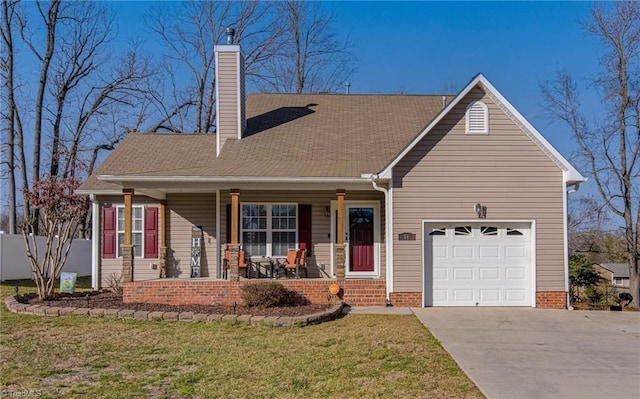 view of front facade featuring covered porch, a garage, and a front lawn