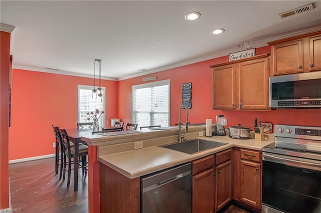 kitchen with sink, kitchen peninsula, hanging light fixtures, and stainless steel appliances