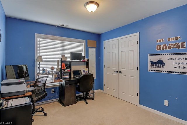 view of carpeted home office