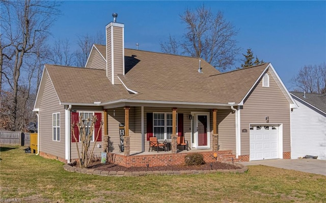 cape cod house with covered porch, a front yard, and a garage