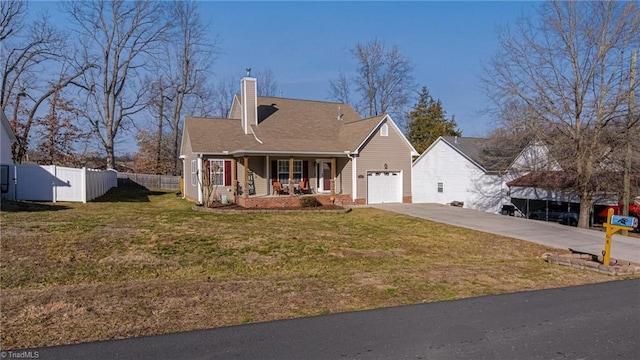 view of front of property featuring covered porch, a front yard, and a garage