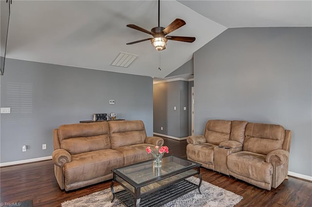 living room with ceiling fan, lofted ceiling, and dark hardwood / wood-style flooring