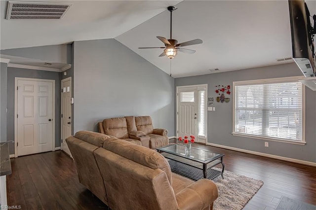 living room featuring ceiling fan, dark hardwood / wood-style floors, and lofted ceiling