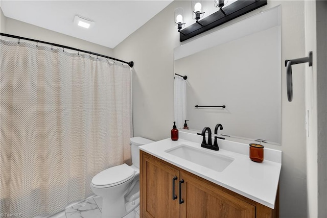 1814 Guyer St Unit A, High Point, NC 27265 - bathroom featuring marble finish flooring, toilet, vanity, and a shower with shower curtain
