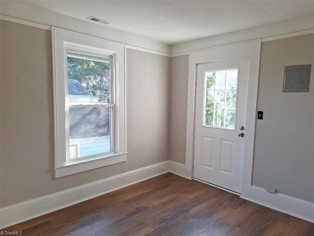 doorway to outside featuring electric panel and dark hardwood / wood-style floors