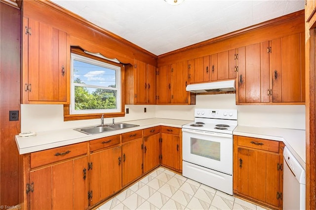 610 Frye Bridge Rd, Clemmons, NC 27012 - kitchen featuring white appliances, under cabinet range hood, light countertops, and brown cabinets
