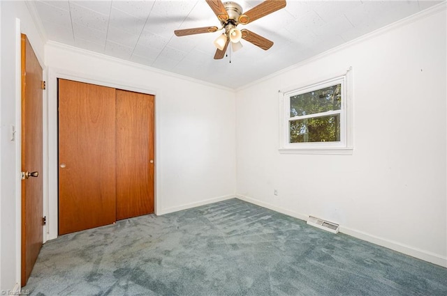 610 Frye Bridge Rd, Clemmons, NC 27012 - unfurnished bedroom featuring ornamental molding, carpet floors, a closet, and a ceiling fan