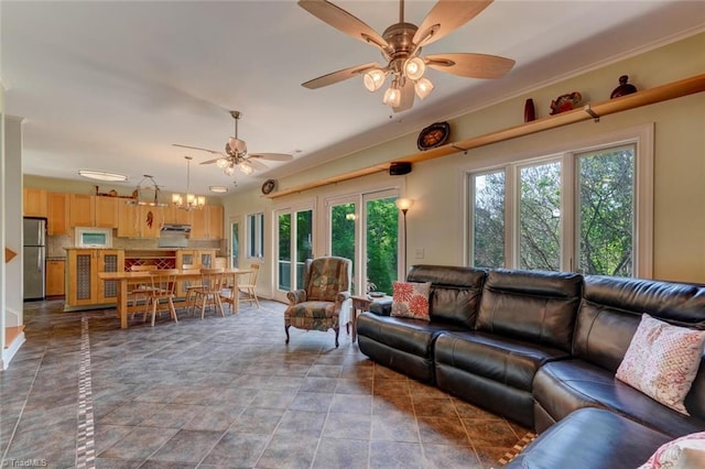 living area featuring a ceiling fan