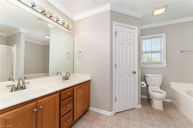 5921 Election Oak Dr, High Point, NC 27265 - bathroom with a bath, double vanity, baseboards, toilet, and ornamental molding