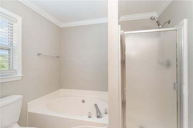 5921 Election Oak Dr, High Point, NC 27265 - bathroom with crown molding, a garden tub, a stall shower, and toilet