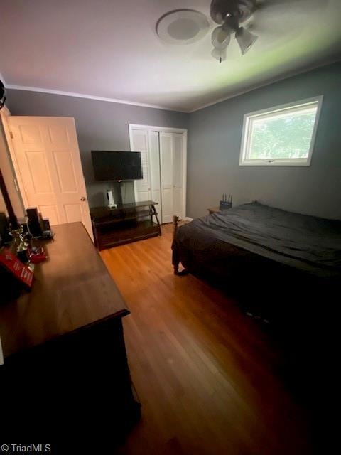 bedroom with hardwood / wood-style flooring and lofted ceiling