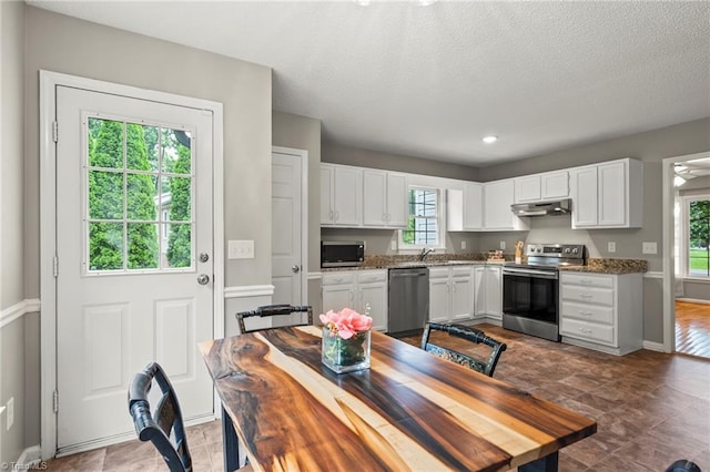 7145 Franklin Rd, Lewisville, NC 27023 - kitchen with stainless steel appliances, healthy amount of natural light, white cabinetry, under cabinet range hood, and a textured ceiling