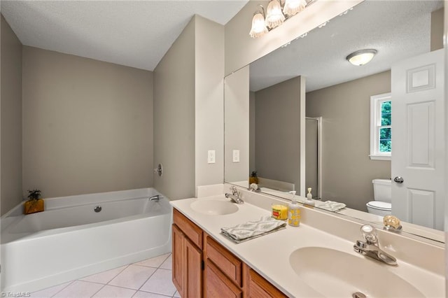 7145 Franklin Rd, Lewisville, NC 27023 - full bathroom with a bath, tile patterned flooring, double vanity, a shower with door, and a textured ceiling