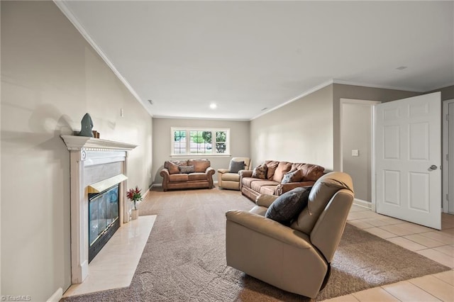 7145 Franklin Rd, Lewisville, NC 27023 - living room with a fireplace, crown molding, tile patterned floors, and recessed lighting