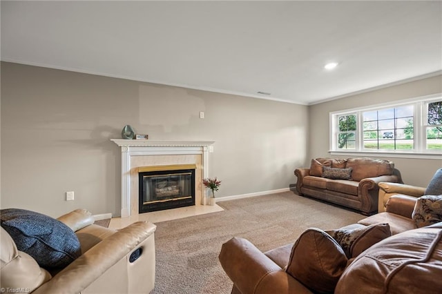 7145 Franklin Rd, Lewisville, NC 27023 - carpeted living room with ornamental molding, a fireplace, and recessed lighting