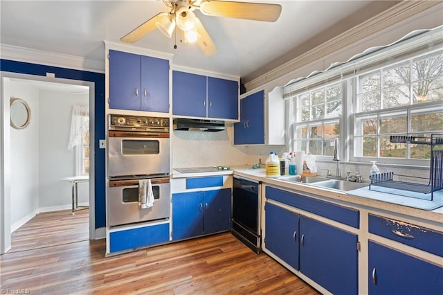 kitchen with sink, dishwasher, dark hardwood / wood-style flooring, blue cabinets, and double oven