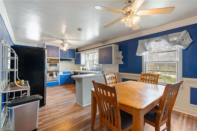 dining area with crown molding, ceiling fan, and light wood-type flooring