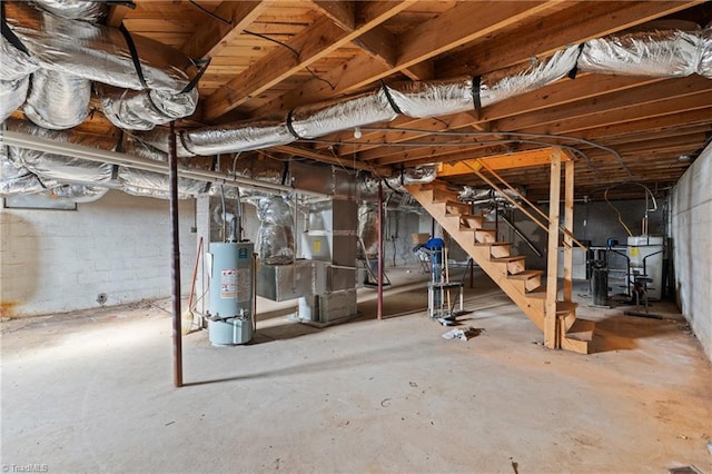 basement with heating unit and water heater